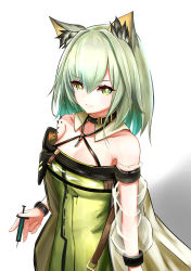 Rule 34 | 1girl, absurdres, animal ears, arknights, bare shoulders, black choker, breasts, cat ears, choker, cleavage, commentary request, criss-cross halter, dress, edwaadow, green dress, green eyes, green hair, hair between eyes, halterneck, highres, holding, holding syringe, kal&#039;tsit (arknights), long sleeves, looking at viewer, material growth, medium breasts, off-shoulder dress, off shoulder, oripathy lesion (arknights), see-through, see-through sleeves, short hair, solo, syringe, upper body, white background