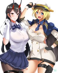 Rule 34 | 2girls, asymmetrical docking, azur lane, black gloves, black hair, blonde hair, blue eyes, blue neckwear, breast press, breasts, buttons, california (azur lane), cleavage, core1013, dark-skinned female, dark skin, double-breasted, dress, fingerless gloves, gloves, hair between eyes, hair ornament, hand on own hip, hat, highres, holster, horns, large breasts, long hair, looking at viewer, miniskirt, multiple girls, necktie, oni, oni horns, open mouth, panties, pantyhose, peaked cap, pleated skirt, shirt, shirt tucked in, short hair, short sleeves, shrug (clothing), simple background, skirt, sleeves rolled up, strapless, strapless dress, suzuya (azur lane), symmetrical docking, thigh holster, underwear, very long hair, white background, white dress, white gloves, white panties, white shirt, yellow eyes