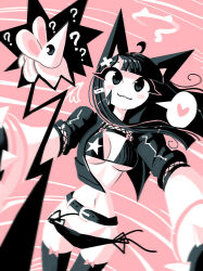 Rule 34 | 1girl, :3, ?, ??, andaerz, animal ears, belt, bikini, black eyes, blunt bangs, blush, bracelet, breasts, cat ears, cat girl, cat tail, detached wings, fishnet top, fishnets, hair ornament, hairclip, halo, heart, highres, jacket, jewelry, limited palette, long hair, mouse (animal), navel, open clothes, open jacket, original, ribbon, short sleeves, smile, solo, speech bubble, spiked bracelet, spikes, star (symbol), star print, swimsuit, tail, thigh bow, thighhighs, wings