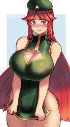 Rule 34 | 1girl, beret, blush, braid, breasts, button gap, china dress, chinese clothes, cleavage, cleavage cutout, clothing cutout, dress, green dress, hat, highres, hong meiling, huge breasts, large breasts, nicecream, no bra, no panties, red hair, sleeveless, sleeveless dress, solo, thighs, touhou, twin braids