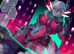 Rule 34 | 1girl, absurdres, alley cat, armor, artist logo, bodysuit, breasts, building, cyborg, giant, giantess, grey hair, grin, hexagon, highleg, highres, horns, large breasts, looking at viewer, mechanical horns, mechanical tail, red bodysuit, short hair, skyscraper, smile, solo, tail, virtual youtuber, vshojo, yellow eyes, zentreya, zentreya (cyborg), zentreya (cyborg) (1st costume)