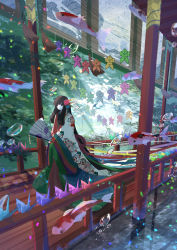 Rule 34 | 1girl, absurdly long hair, air bubble, amatsuki rei, animal, black hair, blunt bangs, blush, bridge, brown eyes, bubble, caustics, closed mouth, commentary request, day, fantasy, fish, folding fan, hair ornament, hand fan, highres, holding, holding fan, japanese clothes, kimono, koi, layered clothes, layered kimono, light rays, long hair, long sleeves, origami, original, outdoors, paper crane, paper fan, print kimono, railing, scenery, smile, solo, sunbeam, sunlight, tassel, very long hair, water, white kimono, wide sleeves