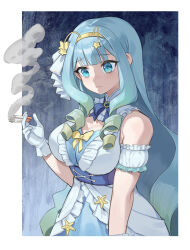 Rule 34 | 1girl, absurdres, alternate breast size, arm garter, blue bow, blue bowtie, blue eyes, blue hair, bow, bowtie, breasts, cigarette, cleavage, cleavage cutout, clothing cutout, dress, drill hair, drill sidelocks, expressive clothes, frilled dress, frills, gloves, gradient hair, green eyes, hair ribbon, hairband, highres, holding, holding cigarette, jelly hoshiumi, large breasts, long hair, multicolored hair, phase connect, ribbon, sidelocks, smoke, solo, star (symbol), star in eye, star ornament, symbol in eye, virtual youtuber, white dress, white gloves, white ribbon, wy lee (pixelnoodle), yellow bow, yellow hairband