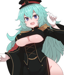 Rule 34 | 1girl, :d, black dress, black hat, blue hair, breasts, dress, epaulettes, gloves, hair between eyes, hand up, hat, highres, imagawa yoshimoto (sengoku collection), large breasts, long hair, long sleeves, open mouth, peaked cap, purple eyes, sengoku collection, simple background, smile, solo, sumiyao (amam), underboob, white background, white gloves, wide sleeves