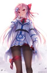 Rule 34 | 1girl, belt, blood, blood on clothes, blood on face, blouse, blush, bow, braid, breasts, brown pantyhose, commentary, girls&#039; frontline, gloves, gluteal fold, grey shirt, hair between eyes, hair bow, hair ornament, hair ribbon, hairclip, head tilt, hexagram, highres, jacket, leg ribbon, long hair, looking at viewer, medium breasts, military, military uniform, neck ribbon, negev (girls&#039; frontline), one side up, open mouth, panties, panties under pantyhose, pantyhose, pink hair, red bow, red eyes, red ribbon, ribbon, shirt, side braid, sidelocks, simple background, skirt, smile, solo, star of david, suyamori, thigh ribbon, thighband pantyhose, tsurime, twitter username, underwear, uniform, white gloves, white panties, white skirt