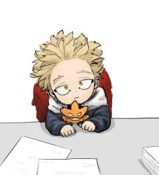 Rule 34 | 1boy, aged down, blonde hair, blue hoodie, boku no hero academia, child, closed mouth, desk, doll, endeavor (boku no hero academia), expressionless, hanage (hanage149), hawks (boku no hero academia), hood, hoodie, looking at viewer, male focus, paper, red wings, short hair, simple background, solo, spiked hair, sweater, upper body, white background, wings, yellow eyes