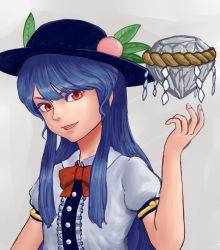 Rule 34 | 1girl, blue hair, colored eyelashes, faux traditional media, food, fruit, grey background, hand up, hat, hinanawi tenshi, keystone, leaf, lips, long hair, looking at viewer, open mouth, peach, red eyes, ribbon, rope, shide, shimenawa, short sleeves, sidelocks, simple background, solo, touhou, uisu (noguchipint), upper body