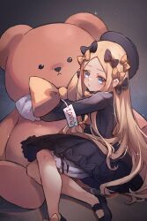 Rule 34 | 1girl, abigail williams (fate), black bow, black dress, black hat, blonde hair, bloomers, blue eyes, bow, breasts, dress, fate/grand order, fate (series), forehead, hair bow, hat, highres, long hair, long sleeves, looking at viewer, miya (miyaruta), orange bow, oversized object, parted bangs, ribbed dress, small breasts, solo, stuffed animal, stuffed toy, teddy bear, underwear, white bloomers