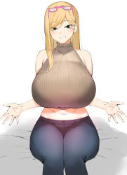 Rule 34 | 1girl, bare shoulders, bed sheet, blonde hair, blue pants, breasts, brown shirt, crop top, curvy, denim, eyewear on head, grin, hair behind ear, highres, huge breasts, jeans, long hair, looking at viewer, meettheton, mole, mole under mouth, navel, open hands, original, pants, pink-framed eyewear, ribbed shirt, shirt, sitting, sleeveless, sleeveless shirt, sleeveless sweater, smile, solo, sweater, swept bangs, thick thighs, thighs, turtleneck, white background