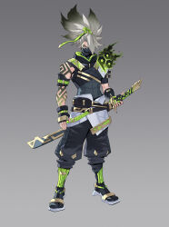 Rule 34 | 1boy, arm belt, arm tattoo, belt, black belt, black gloves, black mask, black pants, citemer, commentary, concept art, english commentary, fingerless gloves, full body, gloves, gradient hair, green eyes, grey background, grey hair, hair over one eye, highres, inkshadow yasuo, league of legends, long hair, looking at viewer, male focus, mask, mouth mask, multicolored hair, muscular, muscular male, pants, ponytail, simple background, sleeveless, solo, standing, sword, tattoo, weapon, yasuo (league of legends)