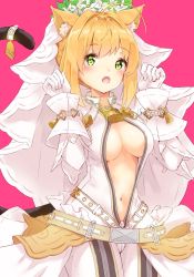 Rule 34 | 10s, 1girl, :o, ahoge, animal ears, bad id, bad twitter id, bell, belt, belt buckle, belt skirt, blonde hair, blush, bodysuit, breasts, breasts apart, bridal veil, buckle, cat ears, cat tail, center opening, chain, chain necklace, cleavage, clenched hands, cowboy shot, fang, fate/extra, fate/extra ccc, fate (series), flower, flower wreath, from side, full-length zipper, gloves, green eyes, hair intakes, hands up, head wreath, highres, hip focus, jewelry, kemonomimi mode, legs together, lock, long sleeves, looking at viewer, medium breasts, minikon, navel, necklace, nero claudius (bride) (fate), nero claudius (fate), nero claudius (fate) (all), no bra, open bodysuit, open clothes, open mouth, padlock, pink background, short hair, short hair with long locks, sidelocks, simple background, solo, standing, stomach, studded belt, tail, tail bell, tail ornament, tareme, unzipped, veil, w arms, waist cape, white flower, white gloves, wrist cuffs, zipper, zipper pull tab