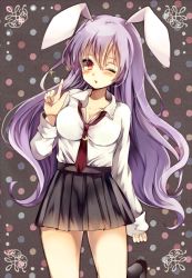 Rule 34 | 1girl, animal ears, breasts, cleavage, crescent, crescent hair ornament, female focus, hair ornament, large breasts, long hair, long sleeves, md5 mismatch, necktie, one eye closed, pleated skirt, purple hair, rabbit ears, red eyes, red necktie, reisen udongein inaba, shirt, skirt, solo, touhou, ukita uuko, very long hair