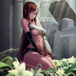 Rule 34 | 1990s (style), 1girl, abs, absurdres, artist name, bare legs, bare shoulders, barefoot, black hair, breasts, brown eyes, brown hair, church, cleavage, clothes lift, covered erect nipples, crop top, day, female focus, final fantasy, final fantasy vii, fingerless gloves, flower, gloves, highres, kneeling, large breasts, long hair, looking at viewer, making-of available, midriff, miniskirt, muscular, navel, nikichen, pencil skirt, retro artstyle, ruins, shirt lift, short shorts, shorts, skirt, solo, stomach, sunlight, tank top, tifa lockhart, underboob