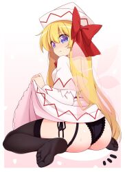 Rule 34 | 1girl, @ @, ^^^, ass, black panties, black thighhighs, blonde hair, blue eyes, blush, border, bow, breasts, capelet, clothes lift, dress, dress lift, fairy, fairy wings, food, from behind, furrowed brow, garter straps, gradient background, hair bow, hat, highres, lifting own clothes, lily white, long hair, long sleeves, looking at viewer, looking back, loose hair strand, medium breasts, mochi, muchin jousha, nose blush, open mouth, panties, parted lips, petals, red bow, sakura mochi, sitting, skirt, skirt lift, soles, solo, speech bubble, sweatdrop, thighhighs, toes, touhou, underwear, very long hair, wagashi, wariza, wedgie, white border, white capelet, white dress, white hat, wings