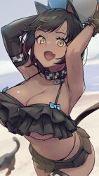 Rule 34 | 1girl, animal, animal ears, armpits, arms up, asymmetrical gloves, ball, beach, bikini, black bikini, black cat, black gloves, black hair, blush, breasts, cat, cat ears, cat girl, cat tail, checkered clothes, cleavage, collar, commentary request, commission, dark-skinned female, dark skin, day, elbow gloves, fang, frilled bikini, frills, gloves, highleg, holding, holding ball, large breasts, looking at viewer, mi2mi2 minmi, open mouth, original, outdoors, short hair, single elbow glove, skeb commission, skin fang, sky, solo, sweat, swimsuit, tail, yellow eyes