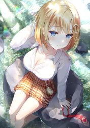 Rule 34 | 1girl, blonde hair, blue eyes, blush, breasts, brown skirt, cleavage, closed mouth, collarbone, commentary, day, feet out of frame, from above, hair ornament, hairclip, hand on own head, highres, hololive, hololive english, hyonee, light rays, long sleeves, looking at viewer, magnifying glass, medium breasts, miniskirt, necktie, unworn necktie, outdoors, plaid, plaid skirt, pleated skirt, pocket watch, rainbow, red necktie, rock, shirt tucked in, short hair, skirt, smile, soaking feet, solo, stream, sunlight, thighs, virtual youtuber, watch, water, watson amelia