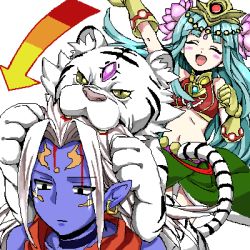 Rule 34 | 1boy, 1girl, :d, ^ ^, animal, arrow (symbol), bad id, bad pixiv id, bare shoulders, biting, blood, blue hair, blush, closed eyes, colored skin, earrings, closed eyes, flower, hair flower, hair ornament, husband and wife, jewelry, long hair, lotus, lowres, navel, open mouth, parvati (p&amp;d), pn2 maru, purple skin, puzzle &amp; dragons, shiva (p&amp;d), smile, tiger, white tiger