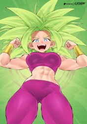 Rule 34 | 1girl, abs, artist name, blue eyes, clenched hands, double biceps pose, dragon ball, dragon ball super, earrings, flexing, flytrapxx, green background, green hair, happy, highres, jewelry, kefla (dragon ball), long hair, looking at viewer, looking down, midriff, muscular, muscular female, open mouth, pants, patreon logo, patreon username, pink tube top, potara earrings, purple pants, purple sports bra, saiyan, sports bra, strapless, super saiyan, teeth, tongue, tube top, upper teeth only, vambraces