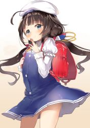 Rule 34 | 1girl, ahoge, atage, backpack, bag, blue dress, blue eyes, blush, brown hair, child, closed mouth, cowboy shot, dress, gradient background, hat, hinatsuru ai, layered sleeves, long sleeves, looking at viewer, low twintails, puffy short sleeves, puffy sleeves, randoseru, red bag, ryuuou no oshigoto!, shogi piece, short over long sleeves, short sleeves, smile, solo, standing, twintails, white hat, yellow background