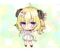Rule 34 | 1girl, ahoge, animal ears, bad id, bad pixiv id, blonde hair, blue eyes, blush stickers, bow, bowtie, curled horns, dress, hair ornament, hairclip, hand up, hololive, horns, long sleeves, looking at viewer, noi mine, parted lips, red socks, socks, solo, tsunomaki watame, tsunomaki watame (street casual), virtual youtuber, white bow, white bowtie, white dress