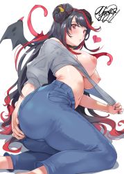Rule 34 | 1girl, akuma onee-chan no ai naru mono, ass, black hair, black nails, blouse, blue pants, blush, breasts, covering privates, covering ass, demon girl, demon horns, demon wings, denim, feet out of frame, fingernails, gradient hair, grey shirt, heart, highres, horns, jeans, large breasts, long hair, looking at viewer, lying, multicolored hair, nail polish, navel, nipples, no bra, on side, pants, red eyes, red hair, shirt, signature, simple background, solo, stomach, swept bangs, twitter username, underwear, very long hair, white background, wings, yanyo (ogino atsuki)