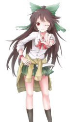 Rule 34 | 1girl, ;), black socks, bow, brown hair, casual, clothes around waist, dress shirt, hair bow, hand on own hip, highres, k-sk style, kneehighs, legs, long hair, looking at viewer, no wings, one eye closed, red eyes, reiuji utsuho, shirt, skirt, sleeves rolled up, smile, socks, solo, sweater, sweater around waist, third eye, tied sweater, touhou, v, very long hair, white background, wink