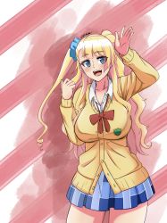 Rule 34 | 1girl, asymmetrical hair, blonde hair, blue eyes, breasts, cowboy shot, eyes visible through hair, galko, hair bun, highres, large breasts, long hair, long sleeves, looking at viewer, open mouth, oshiete! galko-chan, pink background, pleated skirt, school uniform, side ponytail, single hair bun, skirt, smile, solo, standing, teeth, thighs, tongue, two-tone background, upper teeth only, white background