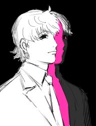 Rule 34 | 1boy, absurdres, black background, blonde hair, formal, gssy 0, highres, hunter x hunter, looking at viewer, male focus, necktie, pariston hill, partially colored, short hair, simple background, smile, solo, suit