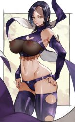 Rule 34 | 1girl, absurdres, bare shoulders, black hair, breasts, breasts out, bridal gauntlets, closed mouth, clothing cutout, collarbone, commentary request, heart, heart cutout, heart print, highres, large breasts, lips, looking to the side, merlin (nanatsu no taizai), nanatsu no taizai, navel, nipples, pink lips, revealing clothes, see-through, shiny skin, simple background, smile, solo, stomach, thighhighs, yellow eyes, yoshio (55level)