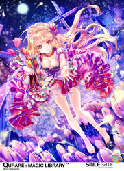 Rule 34 | 1girl, barefoot, blonde hair, breasts, cleavage, copyright name, cu-rim, dress, flower, full moon, hair flower, hair ornament, holding, holding shoes, legs, long hair, moon, night, official art, original, outstretched arm, purple eyes, qurare magic library, see-through, shoes, unworn shoes, smile, solo, tulip, windmill