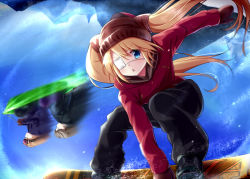 Rule 34 | 1girl, 2boys, black pants, blonde hair, blue eyes, brown gloves, brown hat, character request, coat, eyepatch, floating hair, gloves, hair between eyes, hat, long hair, long sleeves, looking at viewer, mittens, motion blur, multiple boys, nakatsu shizuru, outstretched arm, pants, red coat, rewrite, sitting, snowboard, tagame (tagamecat), triangle mouth, twintails, very long hair
