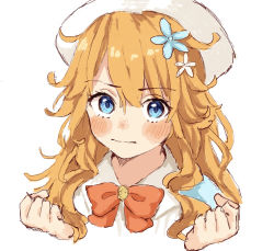 Rule 34 | 1girl, blonde hair, blue eyes, blush, bow, bowtie, clenched hands, closed mouth, commentary, cosplay, curly hair, flower, hair between eyes, hair flower, hair ornament, long hair, looking at viewer, lq saku, nijisanji, otogibara era, otogibara era (cosplay), portrait, red bow, red bowtie, simple background, solo, symbol-only commentary, virtual youtuber, white background, white headwear