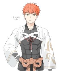 Rule 34 | 1boy, abs, cczyjs, fate/grand order, fate (series), hand on own hip, korean text, looking at viewer, male focus, nagatekkou, orange hair, rope, senji muramasa (fate), senji muramasa (second ascension) (fate), shimenawa, simple background, solo, upper body, white background, wide sleeves, yellow eyes