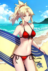 Rule 34 | 1girl, bare shoulders, beach, bikini, blonde hair, blue sky, bracelet, braid, breasts, cleavage, collarbone, day, fate/apocrypha, fate/grand order, fate (series), french braid, green eyes, grin, hair ornament, hair scrunchie, halterneck, highres, hip focus, holding, holding behind back, horizon, jewelry, long hair, looking at viewer, medium breasts, mordred (fate), mordred (fate) (all), mordred (fate/apocrypha), mordred (swimsuit rider) (fate), mordred (swimsuit rider) (first ascension) (fate), navel, ocean, parted bangs, ponytail, red bikini, red scrunchie, scrunchie, shigure s, side-tie bikini bottom, sidelocks, sky, smile, solo, string bikini, surfboard, swimsuit, thighs