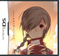 Rule 34 | 1girl, book, braid, brown hair, cover, diary, fake cover, game, video game cover, hair over one eye, handheld game console, kureopatora, long hair, madotsuki, nintendo ds, red eyes, sky, solo, translation request, turtleneck, yume nikki