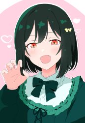 Rule 34 | 1girl, absurdres, blush, bow, bowtie, claw pose, collared shirt, commentary request, fang, frilled jacket, frills, green bow, green bowtie, green hair, green jacket, hair between eyes, hair ribbon, heart, highres, jacket, long sleeves, looking at viewer, love live!, love live! nijigasaki high school idol club, mifune shioriko, o be3, open mouth, orange eyes, ribbon, shirt, short hair, solo, upper body, white shirt, yellow ribbon