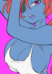 Rule 34 | 1girl, :o, absurdres, armpits, arms up, blue skin, breasts, bursting breasts, cleavage, colored skin, covered erect nipples, crop top, eyepatch, highres, large breasts, long hair, looking at viewer, monster girl, no bra, open mouth, original, parted bangs, pink background, profile, purple eyes, red hair, sharekoube, sideboob, simple background, solo, tank top, twintails, upper body, very long hair, zombie, zoni-ko