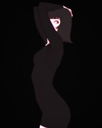 Rule 34 | 1girl, arms up, black background, black dress, black hair, breasts, dress, from side, highres, ilya kuvshinov, looking back, original, profile, red eyes, short hair, small breasts, solo, standing