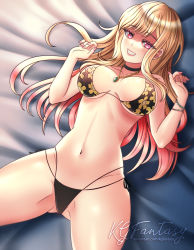 Rule 34 | 1girl, blonde hair, blush, bra, bracelet, breasts, choker, cleavage, collarbone, denim, ear piercing, earrings, embarrassed, eyelashes, facing viewer, floral print, grin, happy, highres, jeans, jewelry, k.g.fantasy, kitagawa marin, large breasts, lips, long hair, looking at viewer, lying, nail polish, on back, open mouth, outstretched arms, pants, piercing, red eyes, shorts, smile, solo, sono bisque doll wa koi wo suru, spread arms, spread legs, swimsuit, underwear