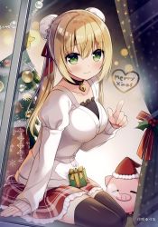 Rule 34 | 1girl, absurdres, black thighhighs, blonde hair, blush, breasts, cardigan, christmas tree, collarbone, double bun, frilled skirt, frills, from outside, green eyes, hair between eyes, hair bun, hair ribbon, hat, highres, long sleeves, looking at viewer, medium breasts, merry christmas, miniskirt, original, plaid, plaid skirt, red hat, red skirt, ribbon, santa hat, sitting, skirt, smile, snowflake print, solo, sumisaki yuzuna, thighhighs, twintails, white cardigan, window, zettai ryouiki