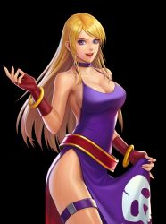 Rule 34 | 1girl, b.jenet, belt, blonde hair, blue eyes, bracelet, breasts, choker, cleavage, dress, fatal fury, fingerless gloves, garou mark of the wolves, gloves, gold bracelet, highres, jenet behrn, jewelry, large breasts, long hair, looking at viewer, nail polish, official art, pirate, purple dress, sideboob, smile, snk, solo, the king of fighters, thigh strap
