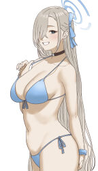 Rule 34 | 1girl, absurdres, ass, asuna (blue archive), bikini, blonde hair, blue archive, blue bikini, blue eyes, blue ribbon, blush, breasts, choker, cleavage, hair ribbon, halo, highres, large breasts, long hair, looking at viewer, mole, mole on breast, navel, ribbon, scrunchie, simple background, solo, swimsuit, tantanmen72, very long hair, white background, wrist scrunchie