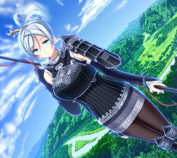 Rule 34 | 1girl, aoki chibe, armor, armored dress, black pantyhose, blue eyes, breastplate, breasts, commentary request, cowboy shot, day, detached sleeves, dutch angle, gassantoda (oshiro project), grey hair, highres, holding, holding polearm, holding spear, holding weapon, large breasts, looking at viewer, oshiro project:re, oshiro project:re, outdoors, pantyhose, polearm, smile, solo, spear, weapon