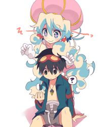 Rule 34 | 00s, 1boy, 1girl, ?, bad id, bad pixiv id, gloves, goggles, goggles on head, hat, linaria (ookinahitomi), multicolored hair, nia teppelin, simon (ttgl), smile, tengen toppa gurren lagann, twintails, two-tone hair