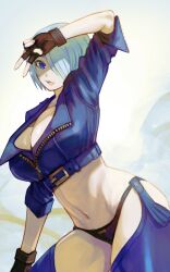 Rule 34 | 1girl, angel (kof), backless pants, blue eyes, bra, breasts, chaps, cleavage, crop top, cropped jacket, fingerless gloves, gloves, hair over one eye, highres, irota, jacket, large breasts, leather, leather jacket, looking at viewer, midriff, navel, panties, pants, short hair, smile, solo, strapless, strapless bra, the king of fighters, the king of fighters xiv, toned, underwear, white hair