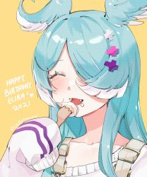 Rule 34 | 1girl, 2021, blush, cake, collarbone, eating, elira pendora, elira pendora (1st costume), fangs, food, fork, hair over one eye, happy birthday, head wings, heart, highres, holding, holding fork, moonie, nijisanji, nijisanji en, off shoulder, one eye covered, open mouth, smile, solo, sweater, virtual youtuber, white sweater, wings, yellow background