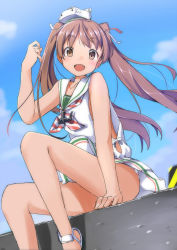 Rule 34 | 10s, 1girl, absurdres, blue sky, brown eyes, brown hair, cloud, convenient censoring, dark-skinned female, dark skin, day, dress, fang, flat chest, highres, kantai collection, legs, libeccio (kancolle), long hair, open mouth, outdoors, panties, panty peek, sekira ame, sitting, sky, sleeveless, sleeveless dress, smile, solo, striped clothes, striped panties, twintails, underwear, wind, wind lift