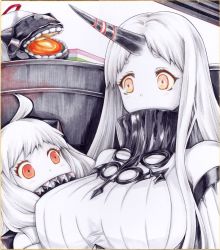 Rule 34 | 10s, 2girls, abyssal ship, ahoge, bad id, bad pixiv id, colored skin, covered mouth, detached sleeves, hishimochi, horns, iroha (nullpo), kantai collection, long hair, machinery, mittens, multiple girls, northern ocean princess, orange eyes, seaport princess, shikishi, single horn, traditional media, white hair, white skin