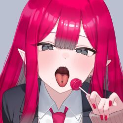 1girl baobhan_sith_(fate) blazer blush candy close-up collared_shirt earrings fangs fate/grand_order fate_(series) food grey_eyes grey_jacket highres holding holding_candy holding_food holding_lollipop jacket jewelry katashiro lollipop long_hair looking_at_viewer necktie open_clothes open_jacket open_mouth piercing pink_hair pink_necktie pointy_ears school_uniform shirt sidelocks solo tongue tongue_out tongue_piercing upper_body white_shirt