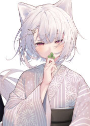 Rule 34 | 1girl, animal ear fluff, animal ears, closed mouth, clover, commentary request, floral print, four-leaf clover, grey kimono, hair between eyes, hair ornament, hairclip, hand up, highres, holding, japanese clothes, kimono, long sleeves, looking at viewer, obi, original, print kimono, red eyes, sash, simple background, smile, solo, tail, tokuno yuika, upper body, white background, white hair, wide sleeves